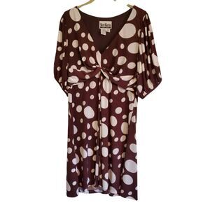 Vintage 90s Brown White Polka Dot Pattern V Neck A Line Knee Length Dress